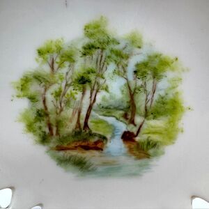 VTG Signed Hand Painted Forest Stream Reticulated Hearts Gold Tone Rim Dish 4"D